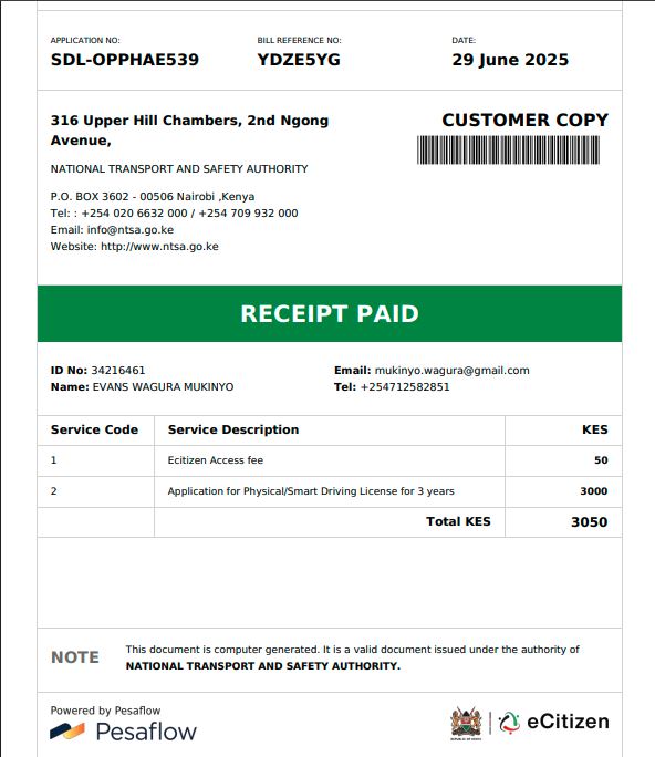 NTSA Payment Receipt