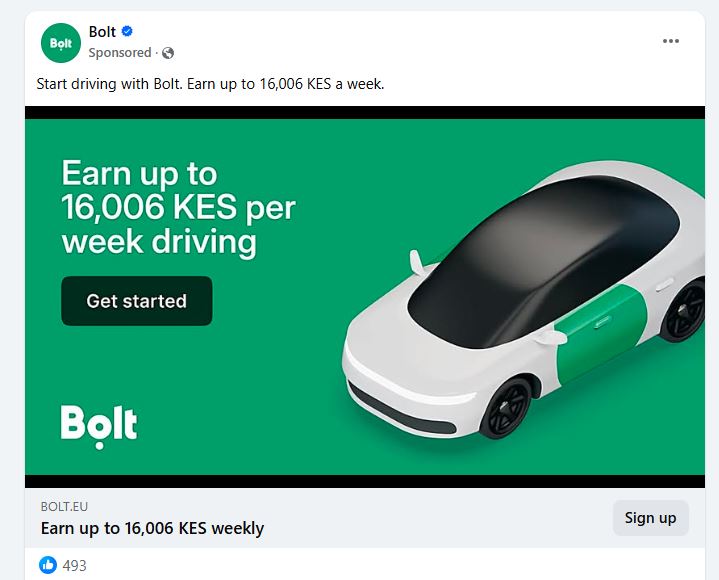 Bolt advertisement indicating how much driver earn per week
