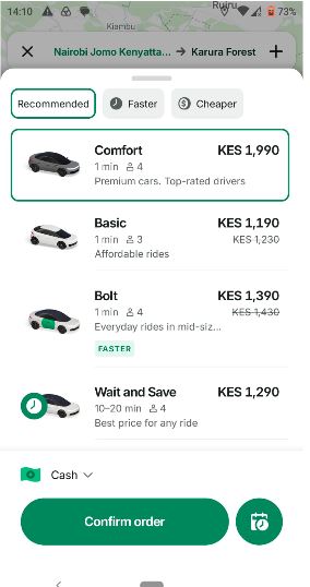 screenshot of bolt showing various ride hauling services